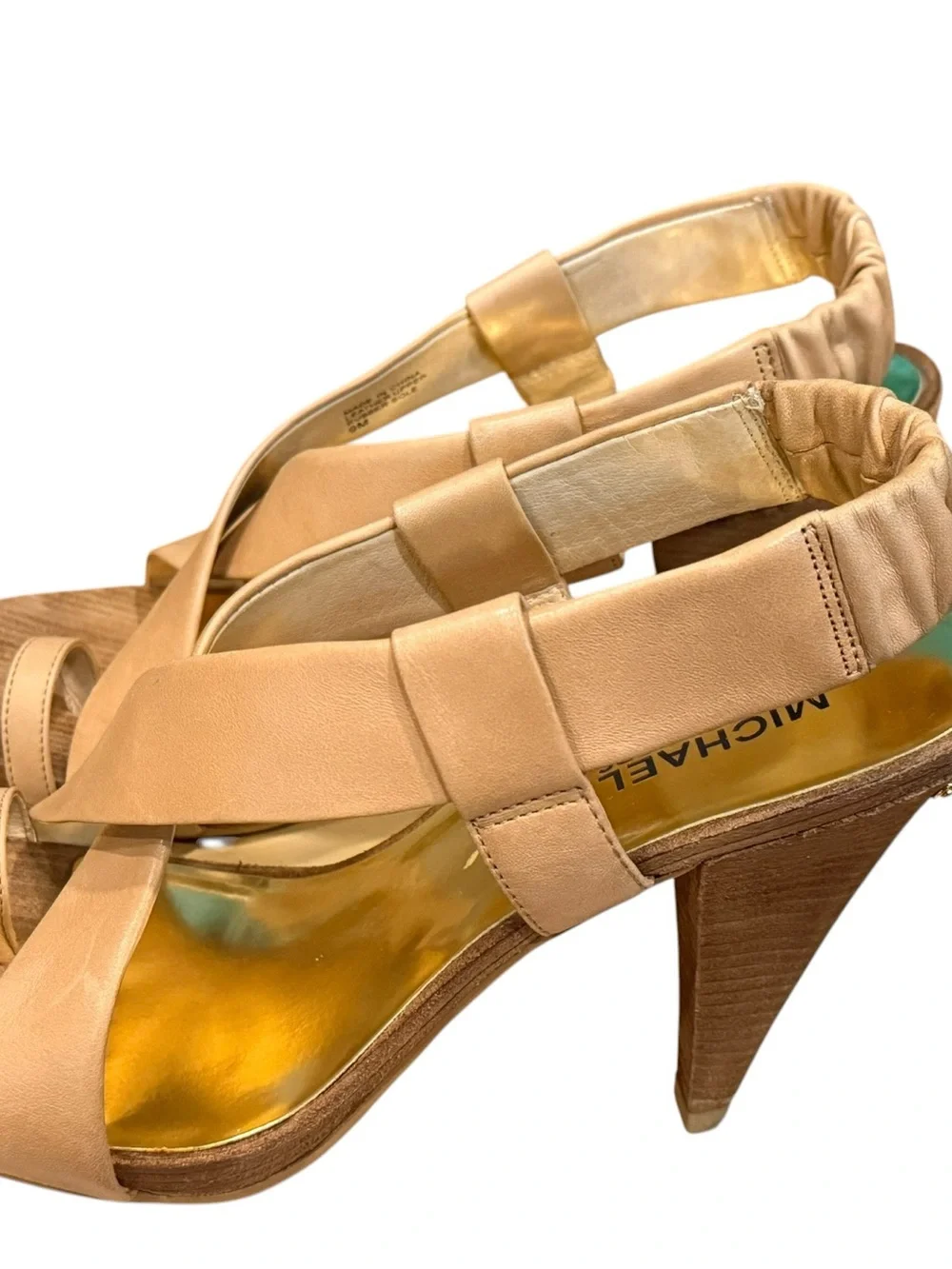 Michael Kors Nude Leather Ankle Strap Wood Platform Heel Sandals Size 9M